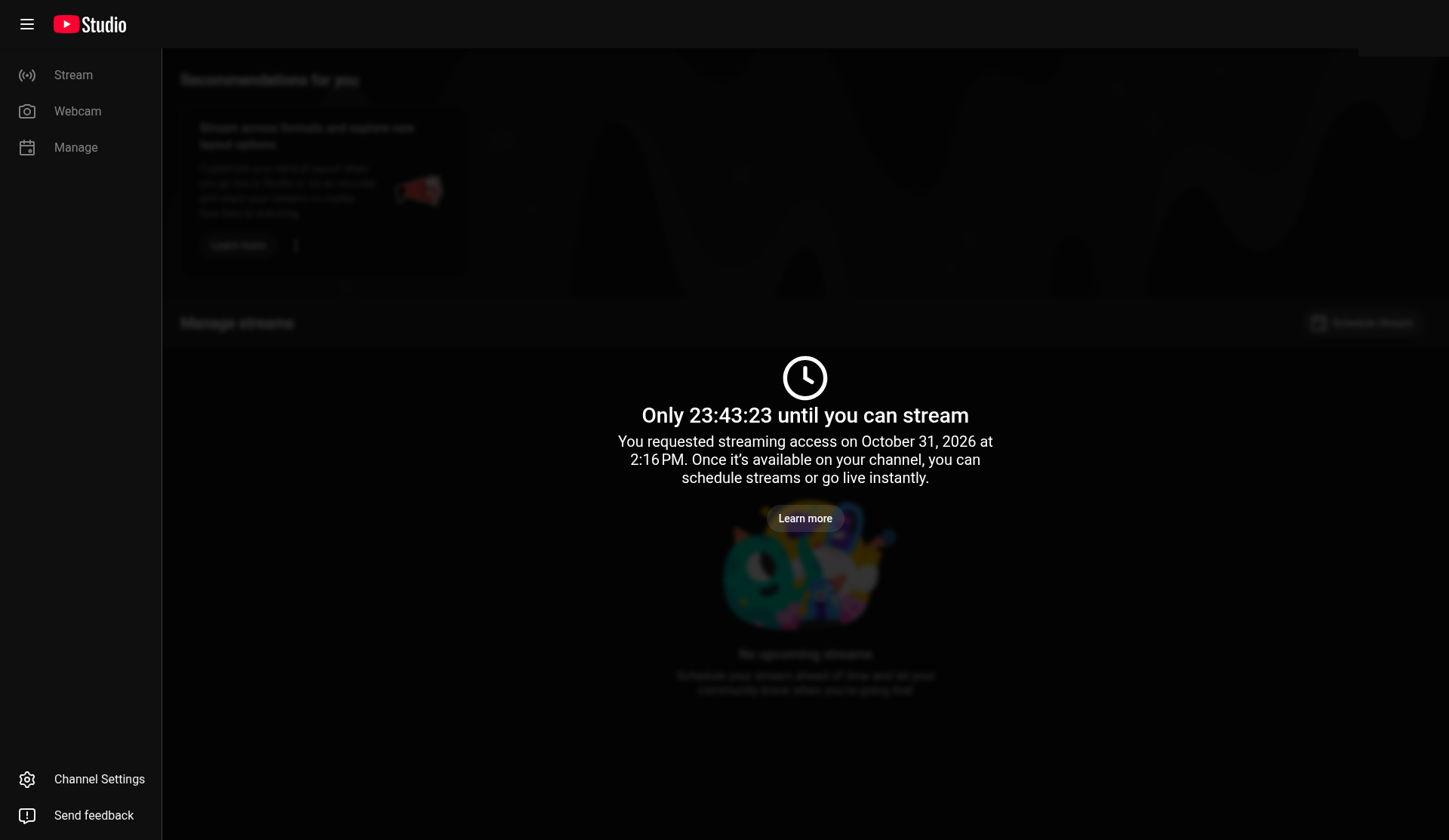 YouTube Studio screen showing live access unlock countdown for Blanket Coverage